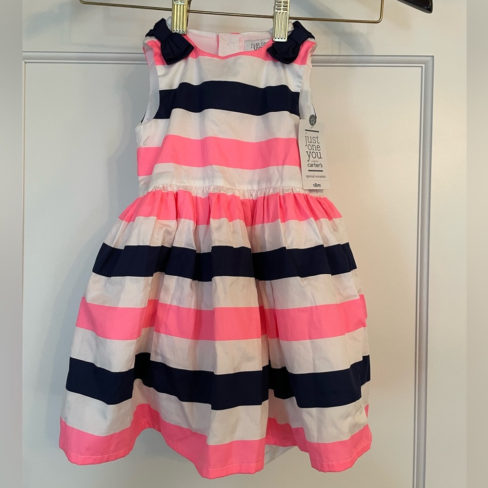 Carter’s Just one you special occasion navy and hot pink striped dress, 18mos